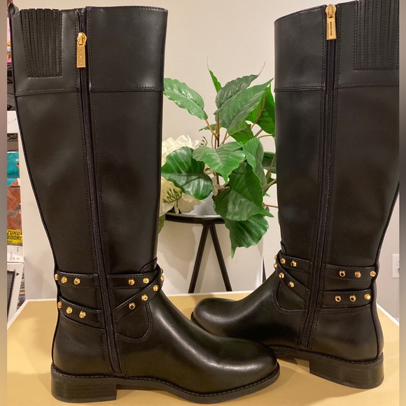 NEW Michael Kors Women Knee High Boots Preston Size US 7M Black Leather & Gold - Picture 3 of 7
